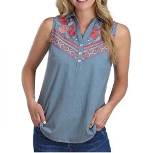 Roper Embroidered Aztec Floral Sleeveless Denim Blouse-XL-Western Boho Cowgirl
